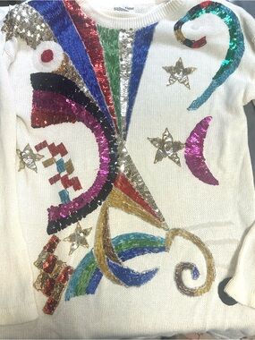 Vtg 80s Cream Embellished Sequin Shiny Glam Sweater Women's Size Large Stars